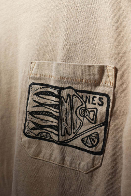 "Tinned Fish" Upcycled Tan Long Sleeve T-shirt Unisex Small