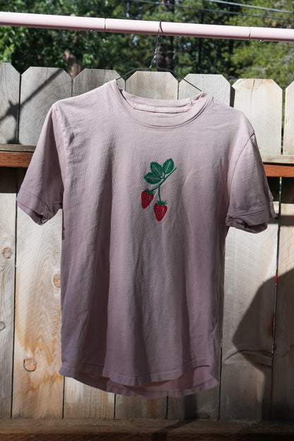 "Strawberries" Upcycled Pink T-shirt Women's Medium