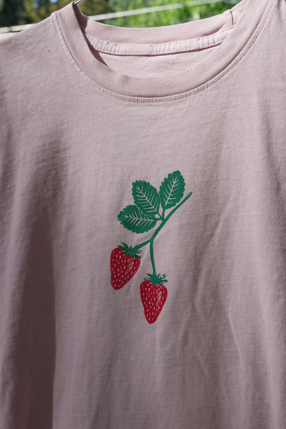 "Strawberries" Upcycled Pink T-shirt Women's Medium
