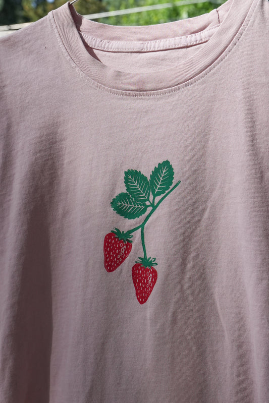 "Strawberries" Upcycled Pink T-shirt Women's Medium